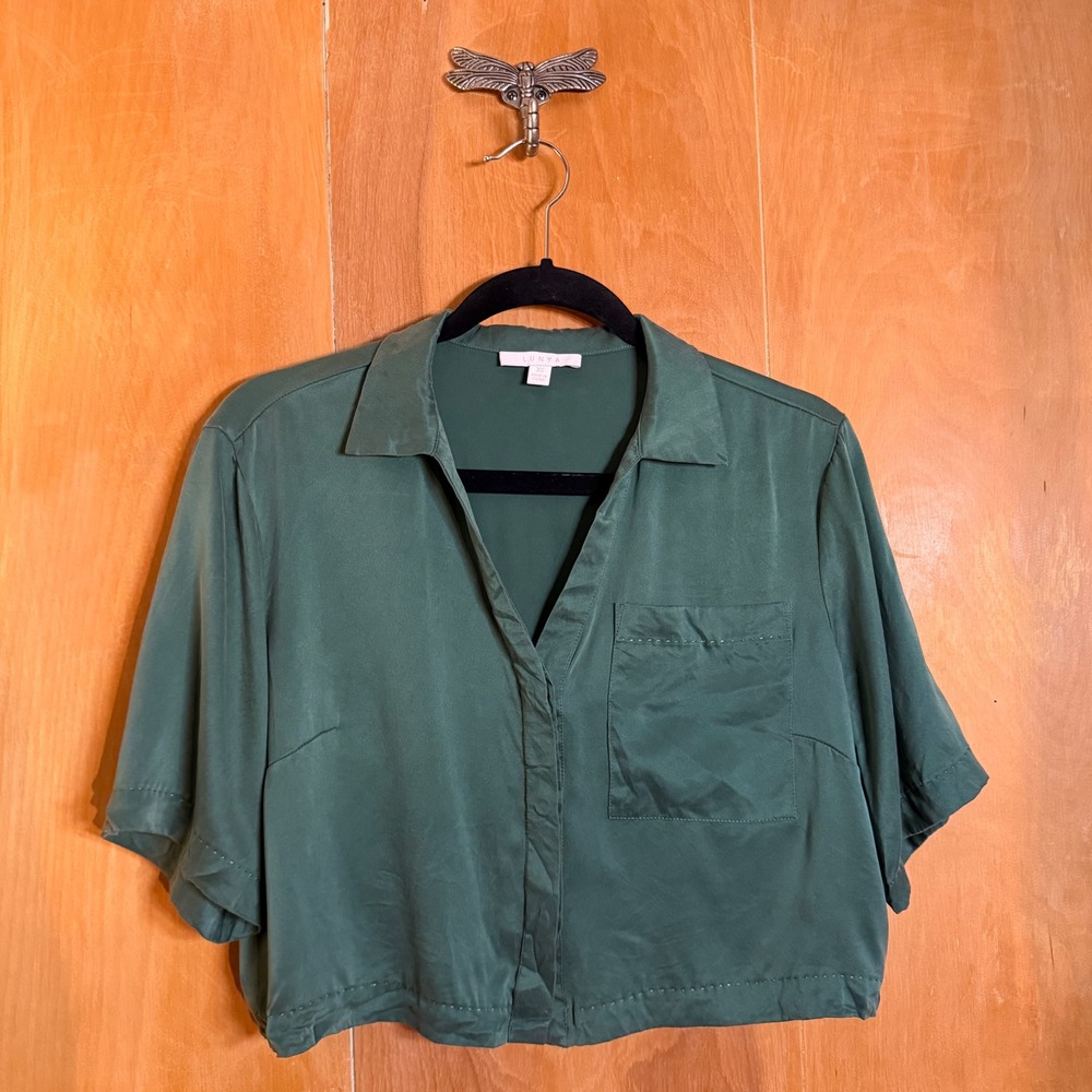 Lunya Washable Silk Button Down Crop Top Forest Green XS Short Sleeve Pajama